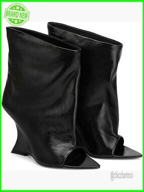 Open Toe Slouchy Wedge Ankle Boots Wide Calf Mid-Calf PU Booties 4.1in Heel
